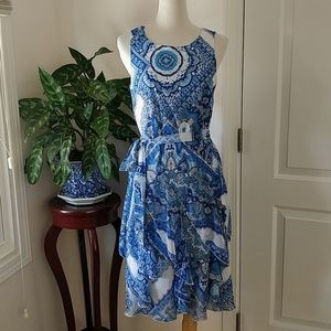 Blue Printed Sleeveless Layered Midi Dress - Unbranded